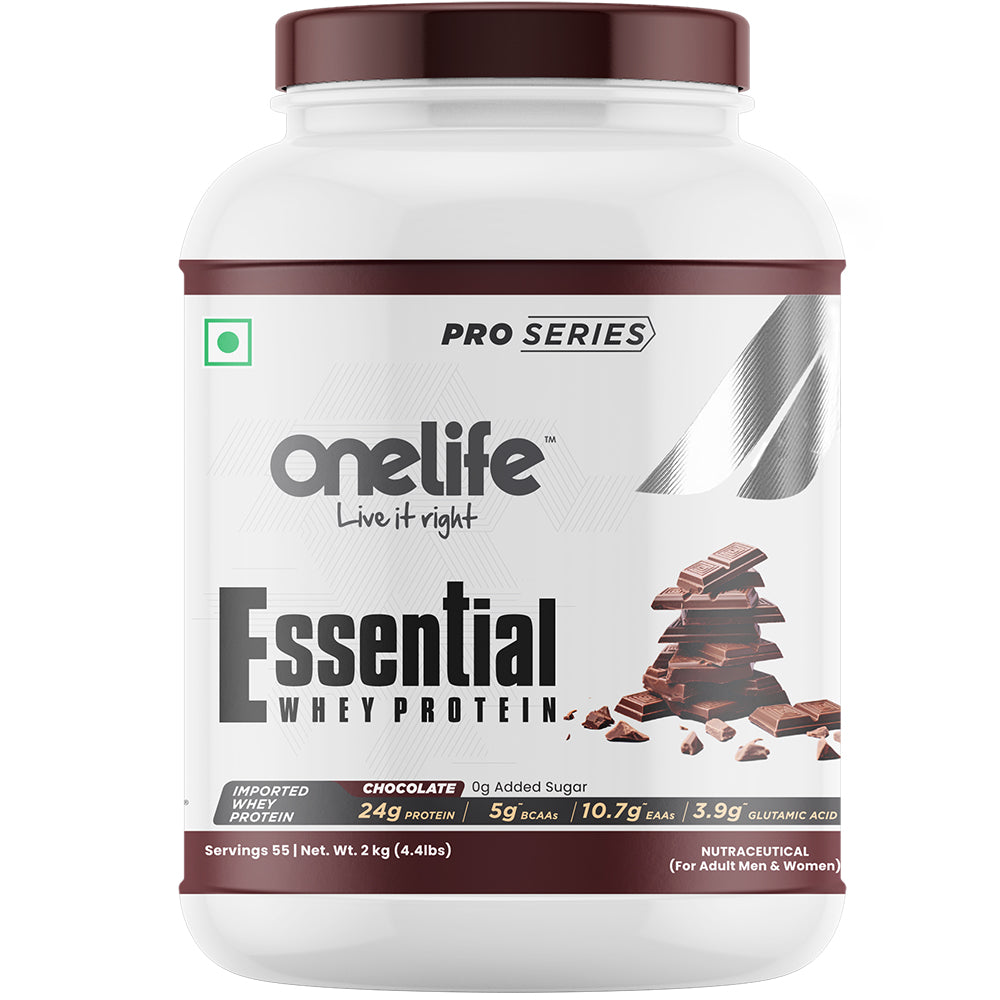 Onelife Essential Whey Protein Concentrate with Digestive Enzymes I Imported Whey I 24g Protein, 5g BCAAs, 10.7g EAAs, 3.9g Glutamic Acid I Post-Workout Recovery Supplement I Chocolate  2kg