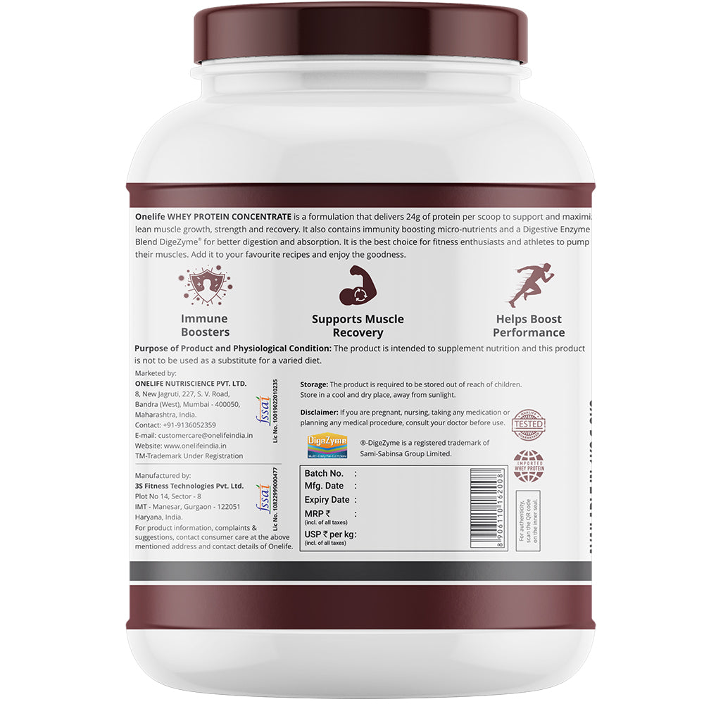 Onelife Essential Whey Protein Concentrate with Digestive Enzymes I Imported Whey I 24g Protein, 5g BCAAs, 10.7g EAAs, 3.9g Glutamic Acid I Post-Workout Recovery Supplement I Chocolate  2kg