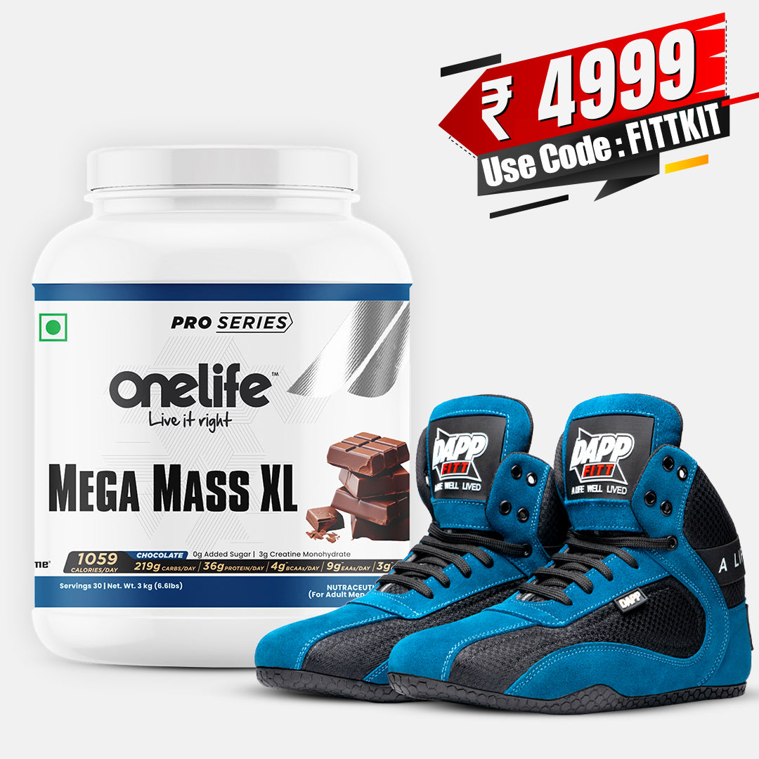 FITTKIT of Onelife (Mega Mass XL Gainer Chocolate 3kg + DAPP WEIGHTLIFTING SHOES Blue & Black)