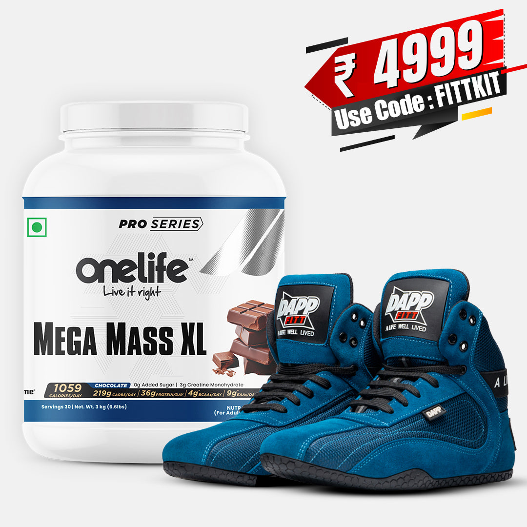 FITTKIT of Onelife (Mega Mass XL Gainer Chocolate 3kg + DAPP WEIGHTLIFTING SHOES Blue)