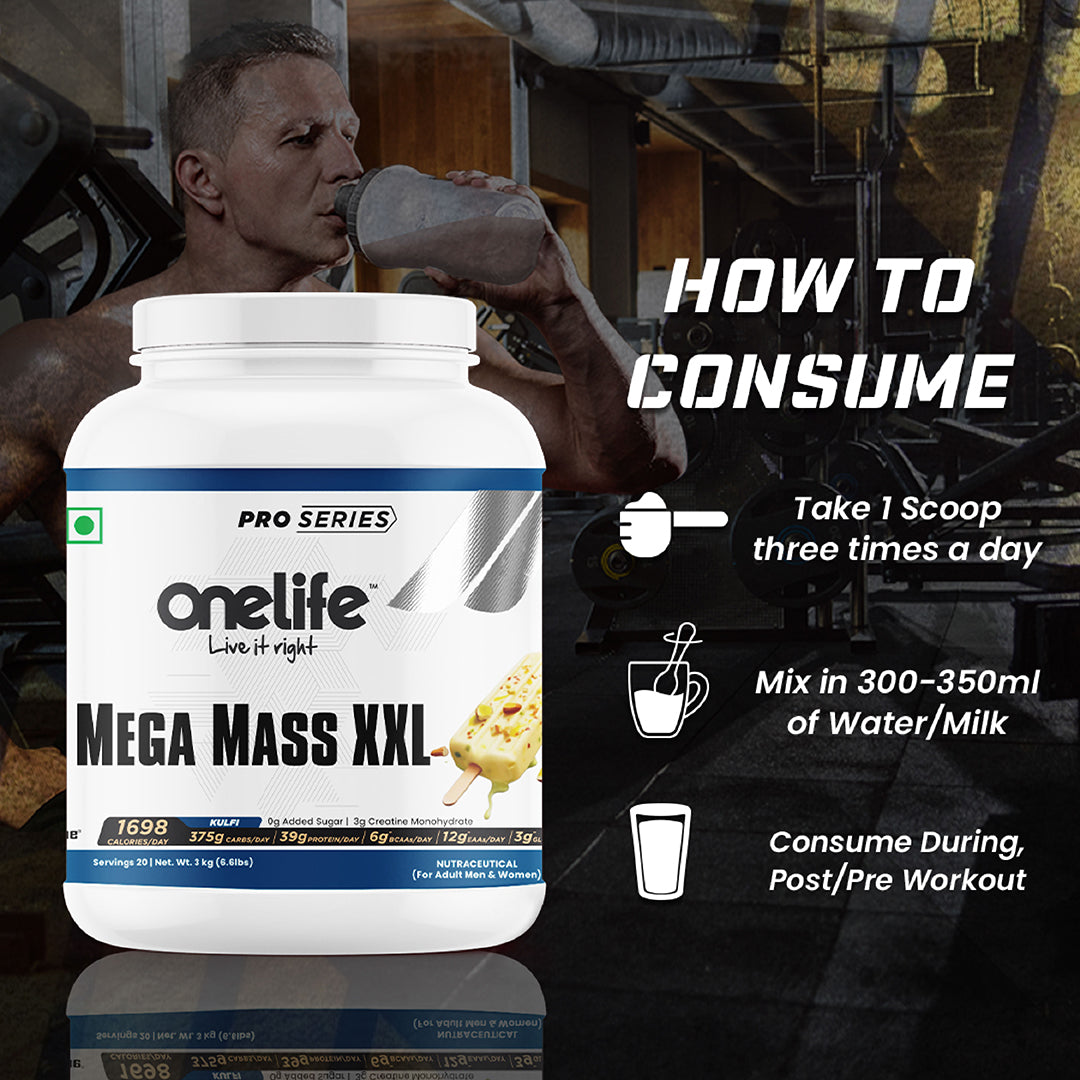 Onelife Mega Mass Gainer XXL | 1698 Calories/day, 375 Carbs/day, 39g/day Protein, Vitamins & Minerals I No Added Sugar, Powered with Digezyme I Kulfi Flavour 3kg