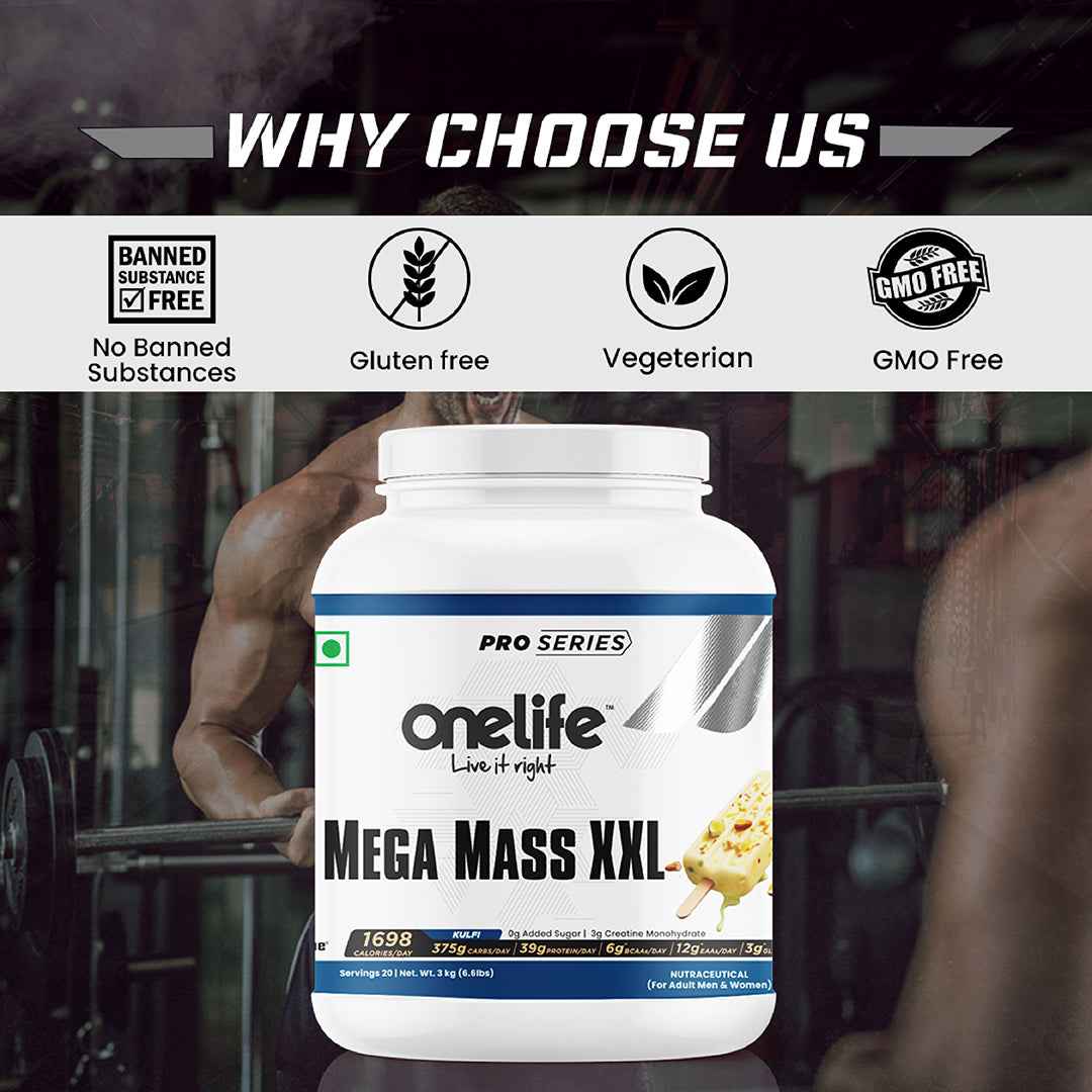 Onelife Mega Mass Gainer XXL | 1698 Calories/day, 375 Carbs/day, 39g/day Protein, Vitamins & Minerals I No Added Sugar, Powered with Digezyme I Kulfi Flavour 3kg