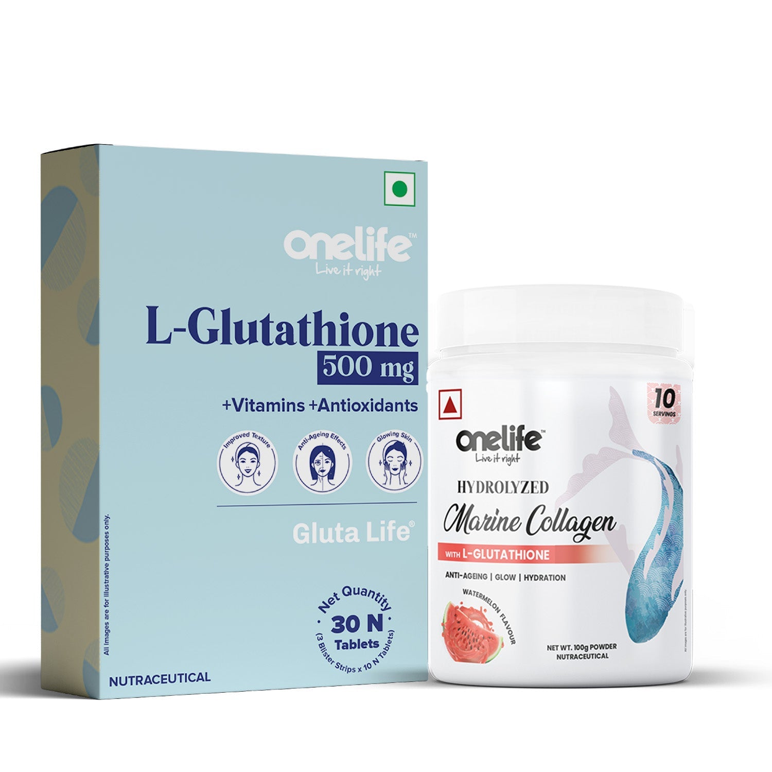 Youthful Skin Combo L Glutathione 500mg 30 tablets Hydrolyzed Marine Collagen Watermelon flavour 100gm