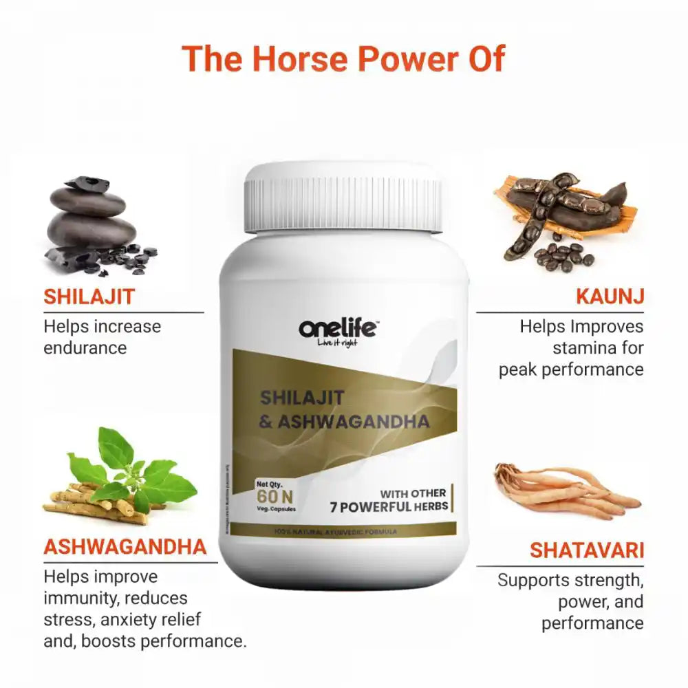 Onelife Shilajit & Ashwagandha: For Performance, Strength and Stamina, 60 Capsules, Ayush-approved Formulation