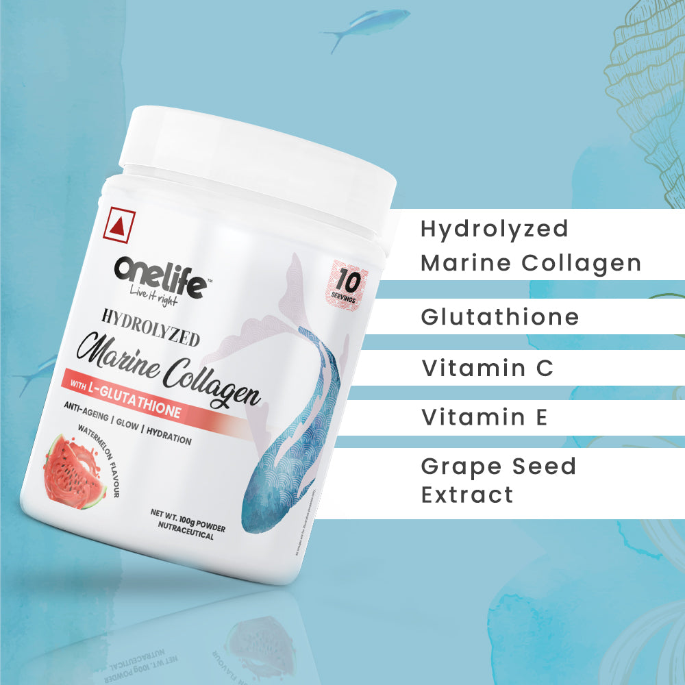 Onelife Hydrolyzed Marine Collagen Powder - Skin & Joint Health, 100g [Non-Veg, Watermelon Flavour, Hydrolyzed Marine Collagen + L-Glutathione, Antioxidants & Vitamins, GMO-Free, Gluten-Free, ]