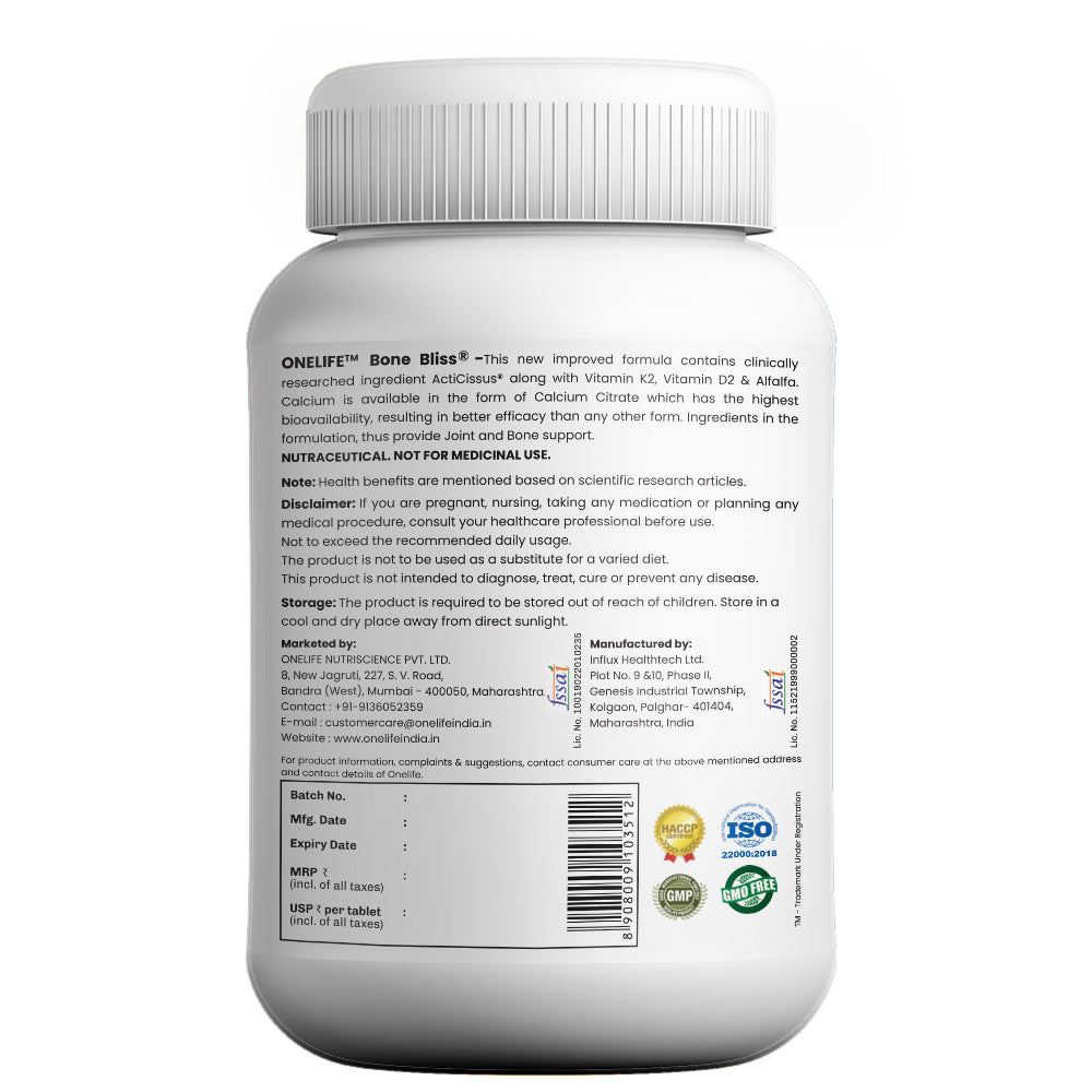 Bone Bliss®-60 Tablets For Bone & Joint Health [Contains Alfalfa, Calcium Citrate, Magnesium Oxide,  Zinc Sulphate, Vitamin D2 & K2]