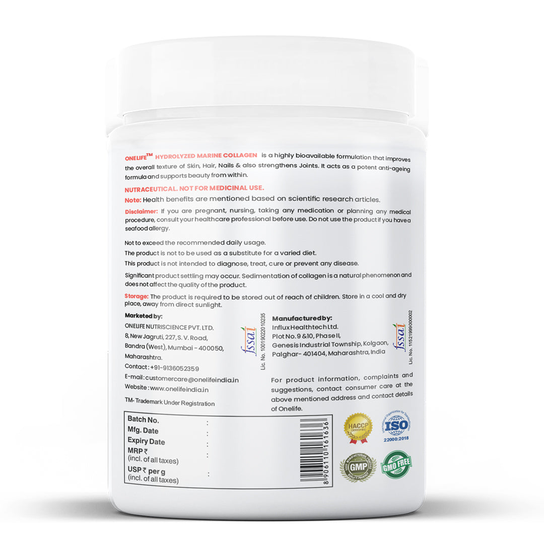 Onelife Hydrolyzed Marine Collagen Powder - Skin & Joint Health, 100g [Non-Veg, Mango Flavour, Hydrolyzed Marine Collagen + L-Glutathione, Antioxidants & Vitamins, GMO-Free, Gluten-Free, ]