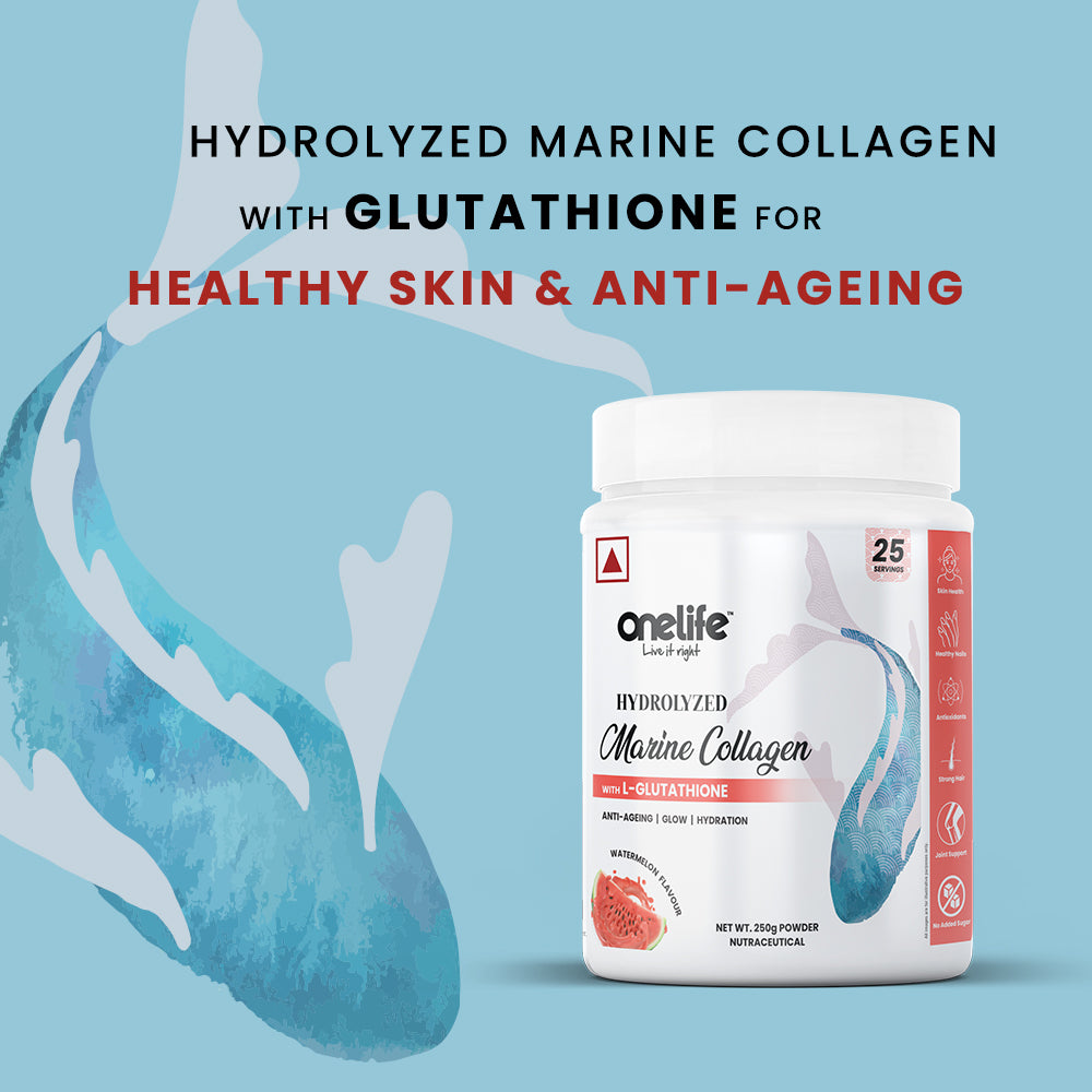 Onelife Hydrolyzed Marine Collagen Powder - Skin & Joint Health, 250g [Non-Veg, Watermelon Flavour, Hydrolyzed Marine Collagen + L-Glutathione, Antioxidants & Vitamins, GMO-Free, Gluten-Free, ]