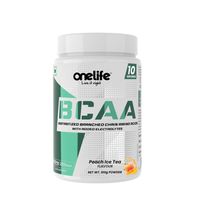 Onelife BCAA 6000 mg: Lean Muscle growth and recovery the right way! , Replenishes Electrolytes - Peach Ice Tea - 100gm (Free from banned substances, GMO and Gluten)