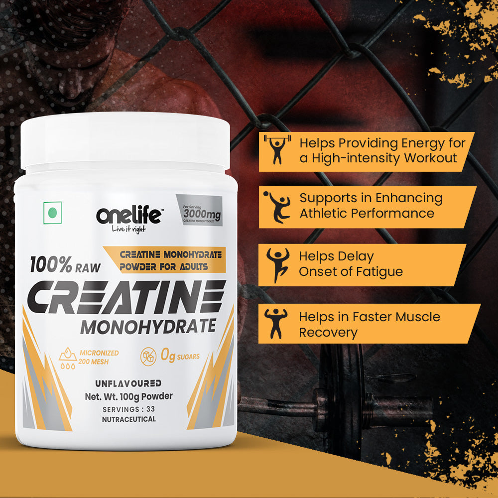Onelife Creatine Monohydrate 3000mg For Strength Endurance & Athlete Performance Energy Support For Instant Workout, Banned substances free, GMO-free, 100gm Unflavoured Powder