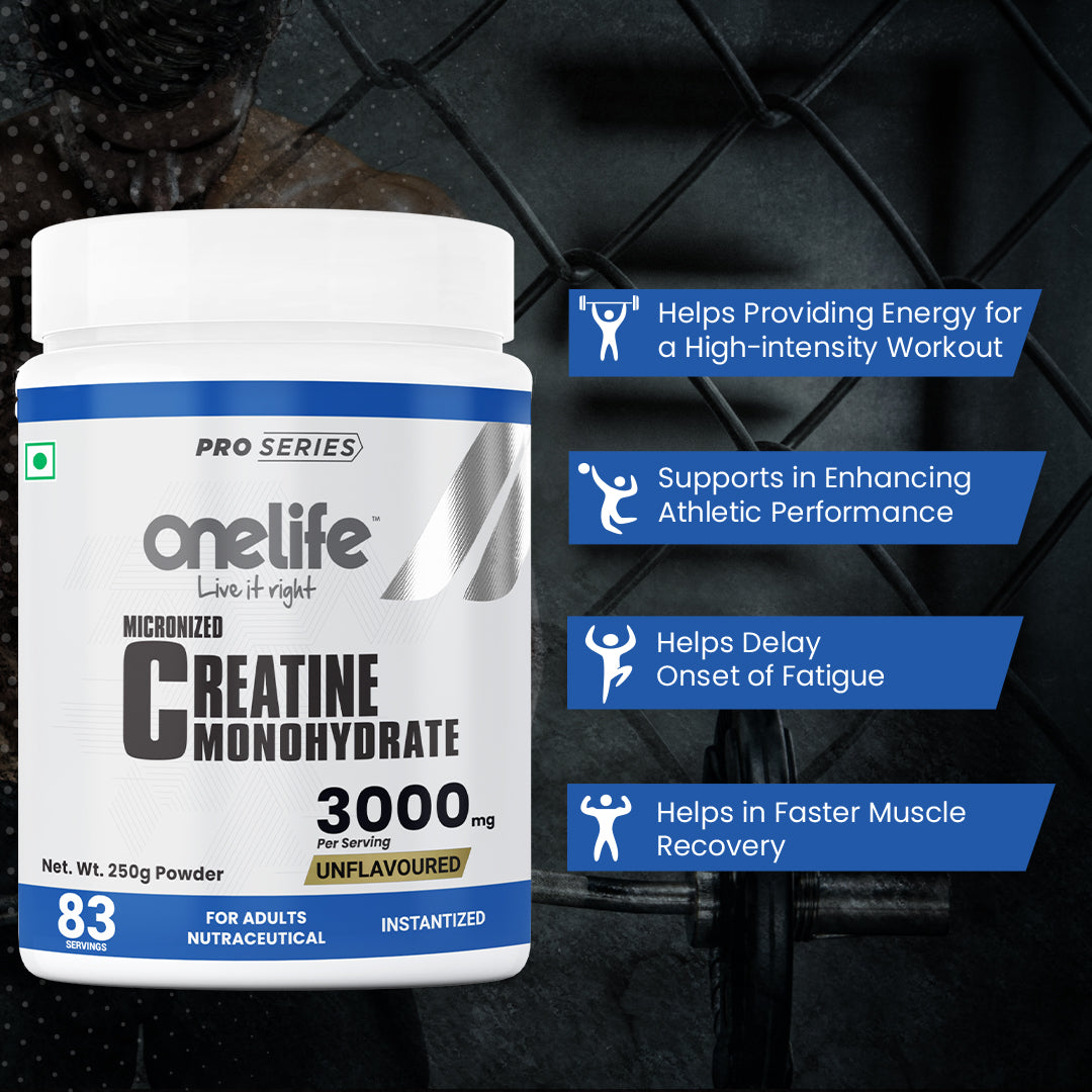 Onelife Micronized Creatine Monohydrate Powder 3000mg I Instantized & Additives Free I Enhance Strength, Endurance & Athletic Performance, Muscle Recovery I Unflavoured 250g I 83 Servings