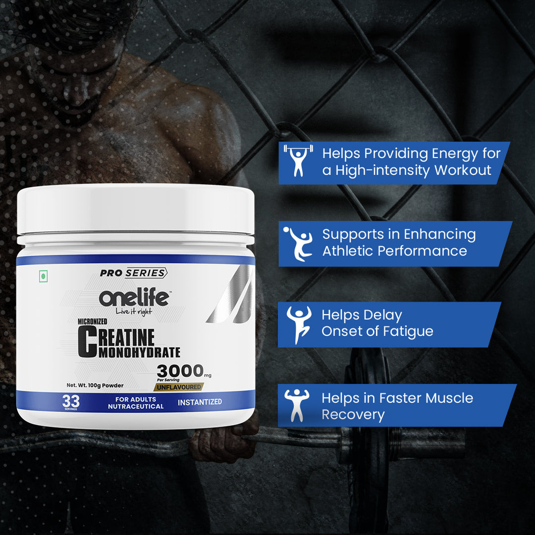 Onelife Micronized Creatine Monohydrate Powder 3000mg I Instantized & Additives Free I Enhance Strength, Endurance & Athletic Performance, Muscle Recovery I Unflavoured 100g I 33 Servings