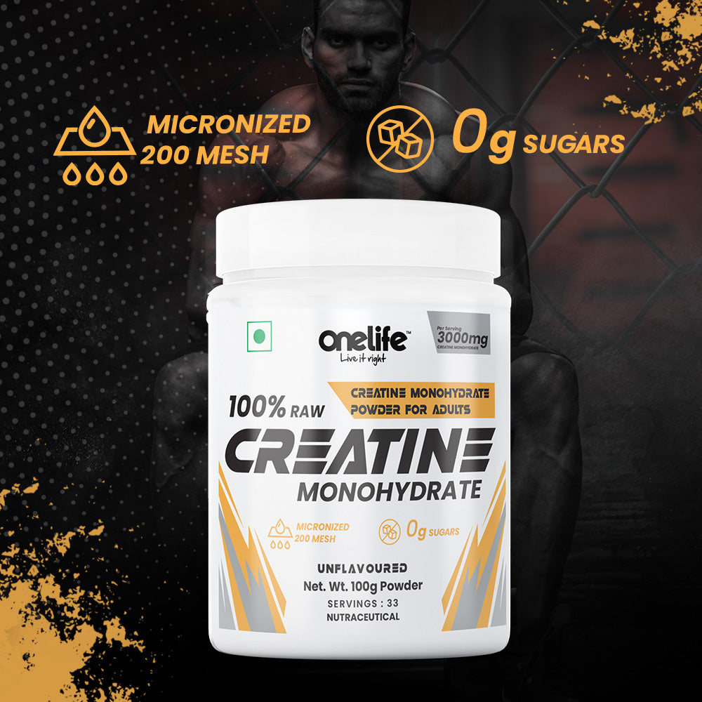 Onelife Creatine Monohydrate 3000mg For Strength Endurance & Athlete Performance Energy Support For Instant Workout, Banned substances free, GMO-free, 100gm Unflavoured Powder