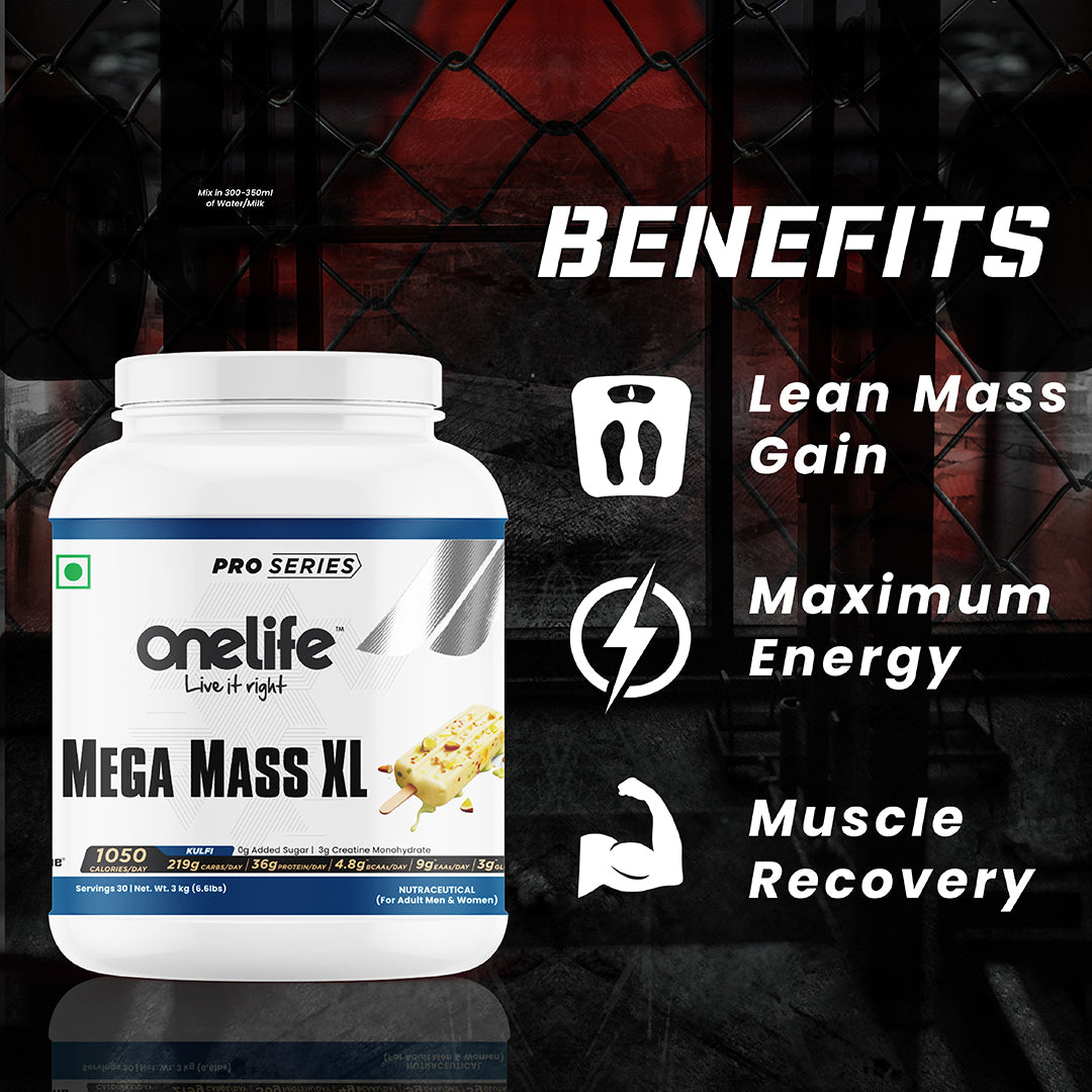 Onelife Mega Mass Gainer XL | 1050 Calories/day, 219 Carbs/day, 36g/day Protein, Vitamins & Minerals I For Lean Mass & Muscle Gain I No Added Sugar, Powered with Digezyme I Kulfi Flavour 3kg