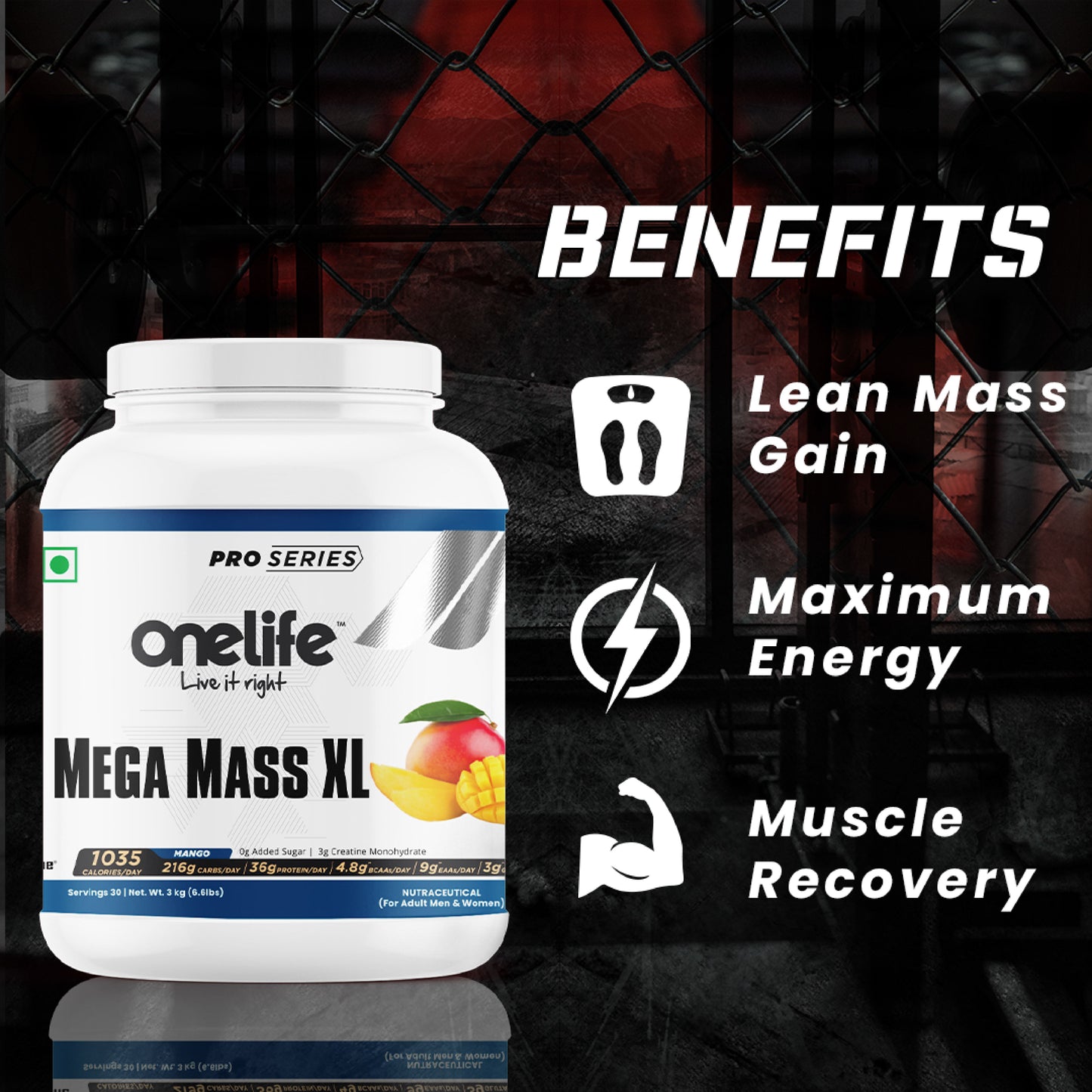 Onelife Mega Mass XL Gainer For Lean Mass & Muscle Gain Powered with DigeZyme® & added Creatine Monohydrate: Mango Flavour - 3kg