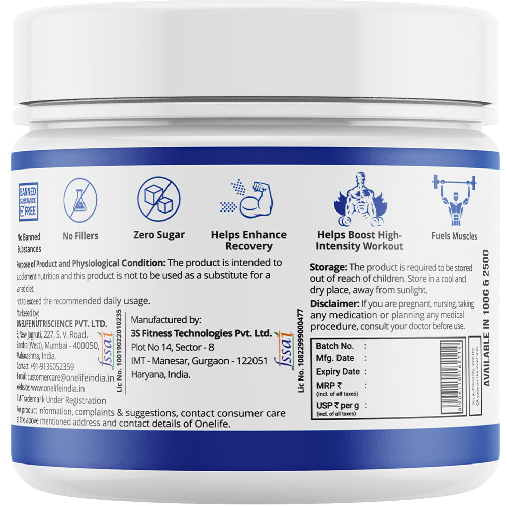 Onelife Micronized Creatine Monohydrate Powder 3000mg I Instantized & Additives Free I Enhance Strength, Endurance & Athletic Performance, Muscle Recovery I Unflavoured 100g I 33 Servings