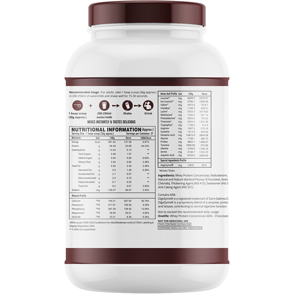 Onelife Essential Whey Protein Concentrate with Digestive Enzymes I Imported Whey I 24g Protein, 5g BCAAs, 10.7g EAAs, 3.9g Glutamic Acid I Post-Workout Recovery Supplement I Chocolate  1kg