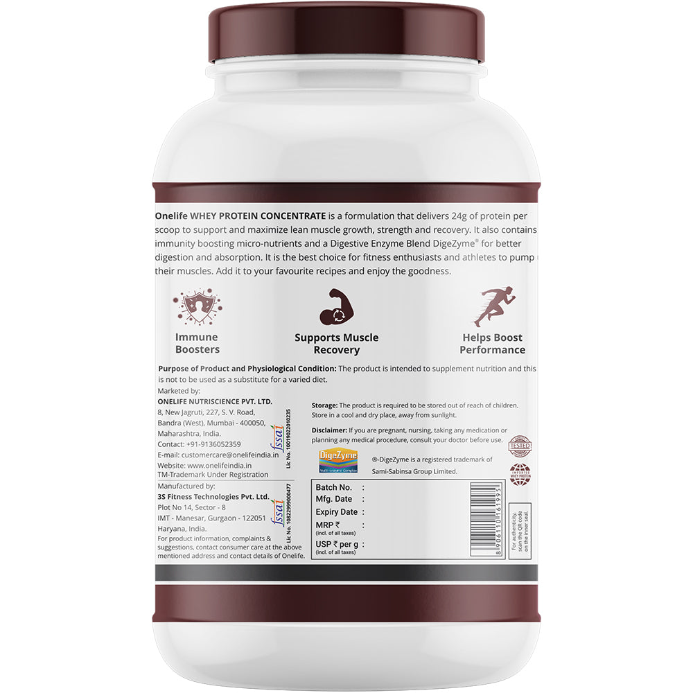 Onelife Essential Whey Protein Concentrate with Digestive Enzymes I Imported Whey I 24g Protein, 5g BCAAs, 10.7g EAAs, 3.9g Glutamic Acid I Post-Workout Recovery Supplement I Chocolate  1kg