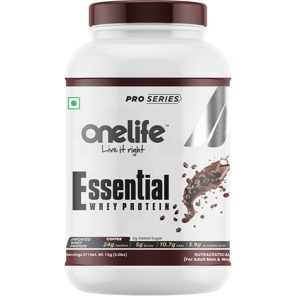 Onelife Essential Whey Protein Concentrate with Digestive Enzymes I Imported Whey I 24g Protein, 5g BCAAs, 10.7g EAAs, 3.9g Glutamic Acid I Post-Workout Recovery Supplement I Coffee 1 kg