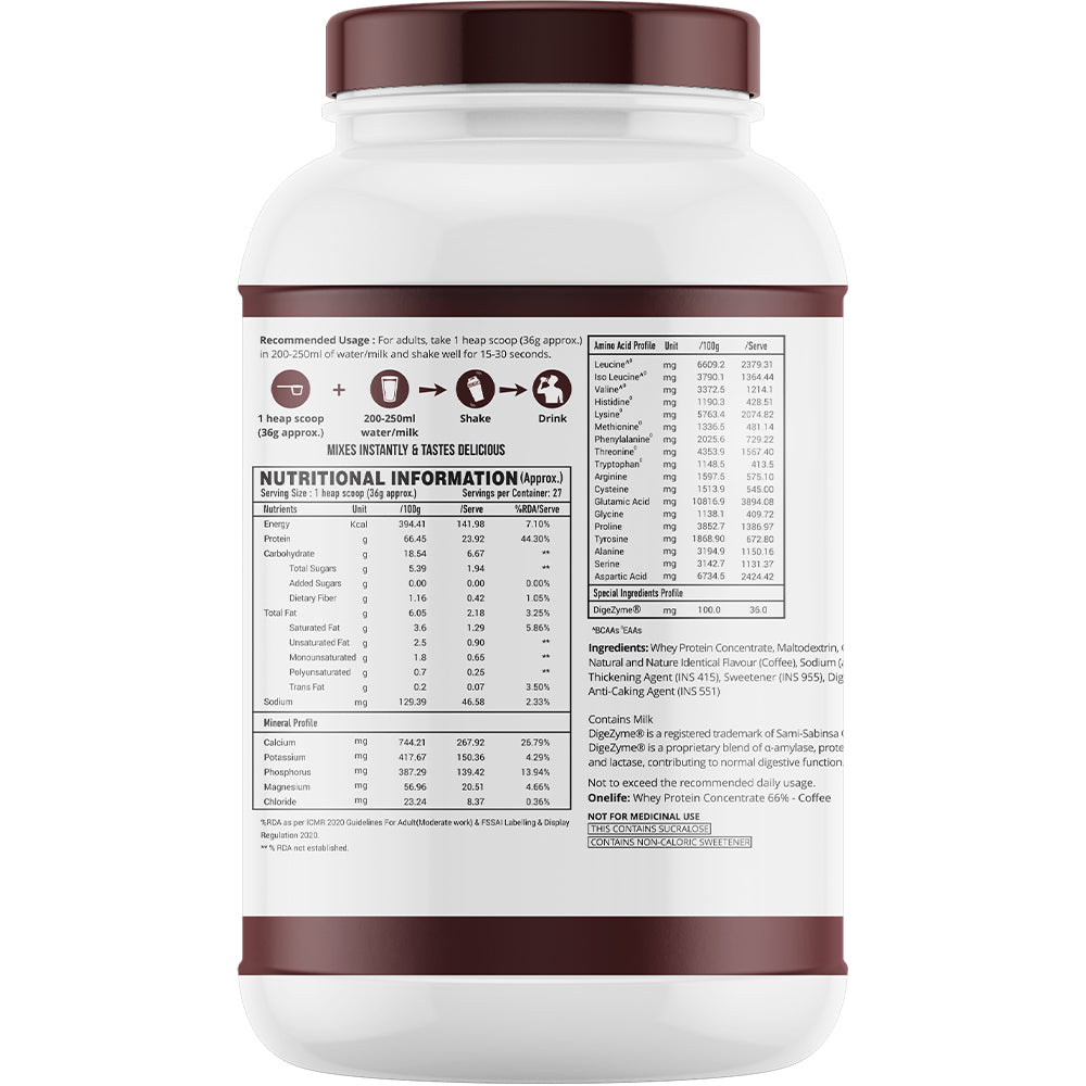 Onelife Essential Whey Protein Concentrate with Digestive Enzymes I Imported Whey I 24g Protein, 5g BCAAs, 10.7g EAAs, 3.9g Glutamic Acid I Post-Workout Recovery Supplement I Coffee 1 kg