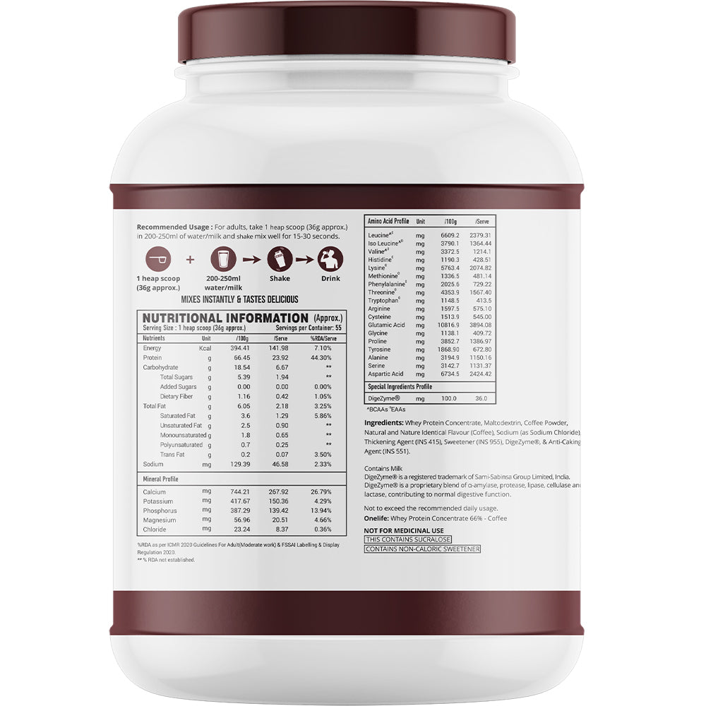 Onelife Essential Whey Protein Concentrate with Digestive Enzymes I Imported Whey I 24g Protein, 5g BCAAs, 10.7g EAAs, 3.9g Glutamic Acid I Post-Workout Recovery Supplement I Coffee 2 kg