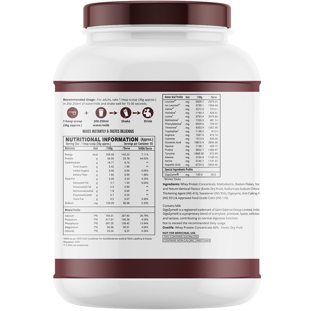 Onelife Essential Whey Protein Concentrate with Digestive Enzymes I Imported Whey I 24g Protein, 5g BCAAs, 10.7g EAAs, 3.9g Glutamic Acid I Post-Workout Recovery Supplement I Exotic Dry Fruit 2kg