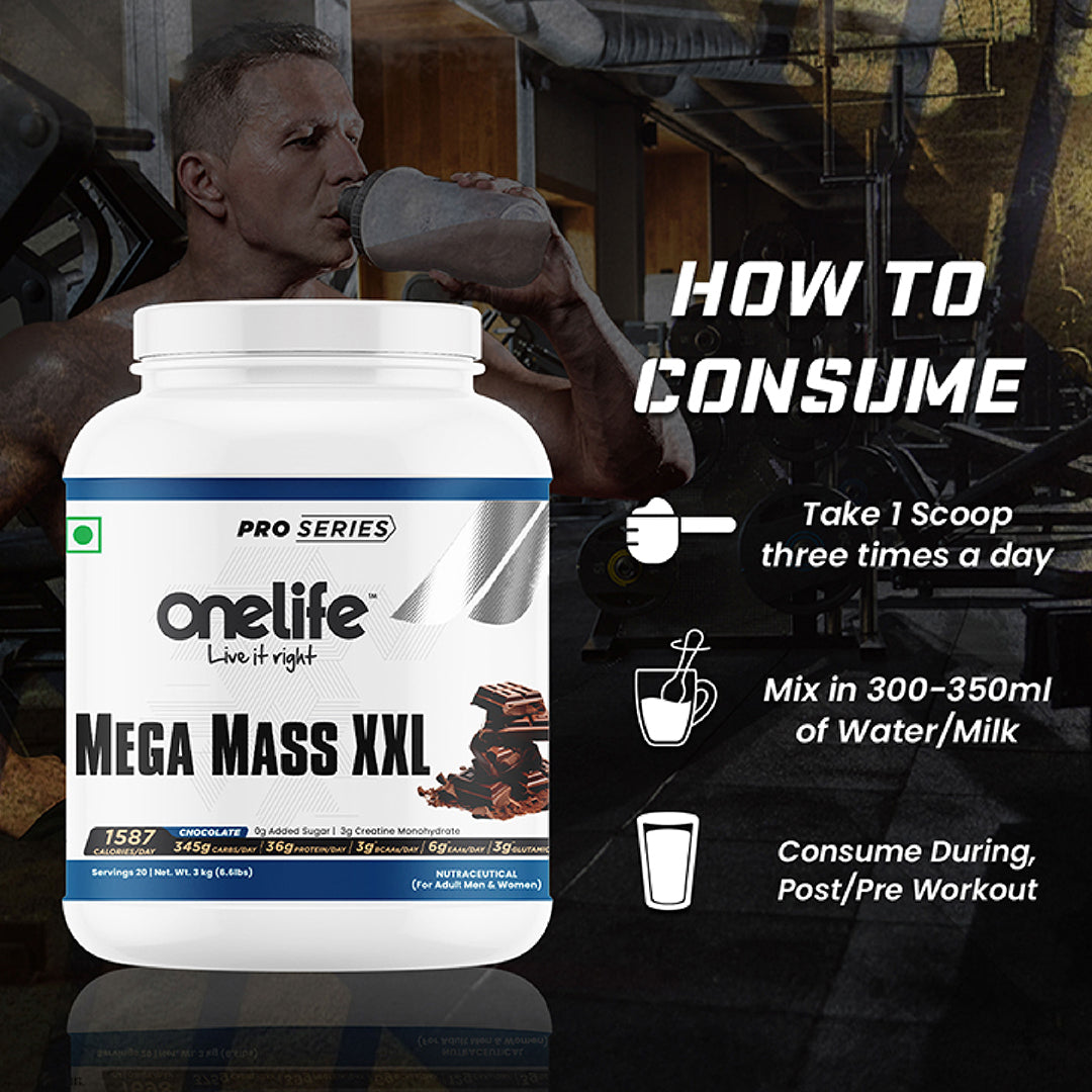 Onelife Mega Mass Gainer XXL | 1587 Calories/day, 345 Carbs/day, 36g/day Protein, Vitamins & Minerals I No Added Sugar, Powered with Digezyme I Chocolate Flavour 3kg