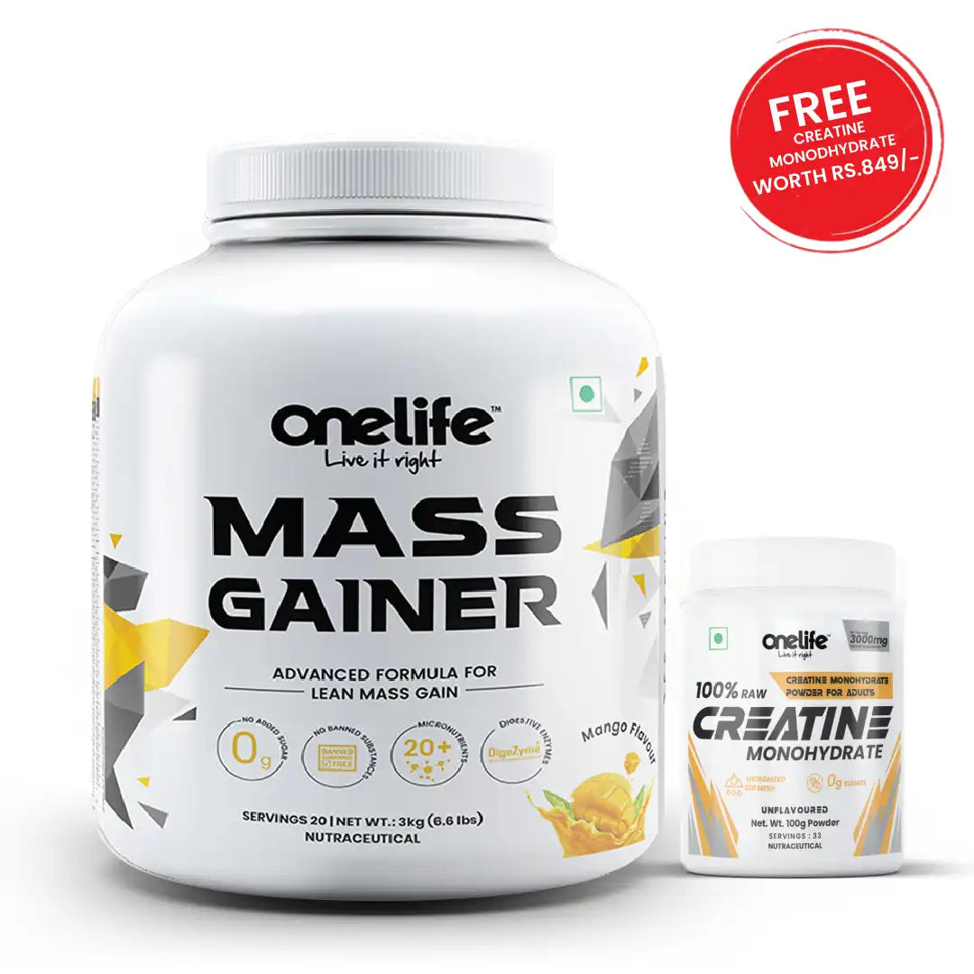 Onelife Mass Gainer for Lean Mass & Muscle Gain Powder With 20+ Micronutrients, Digezyme Mango Flavour - 3kg + Free Creatine Monohydrate