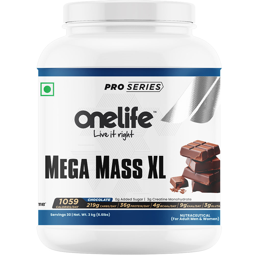 Onelife Mega Mass XL Gainer For Lean Mass & Muscle Gain Powered with DigeZyme® & added Creatine Monohydrate: Chocolate Flavour - 3kg