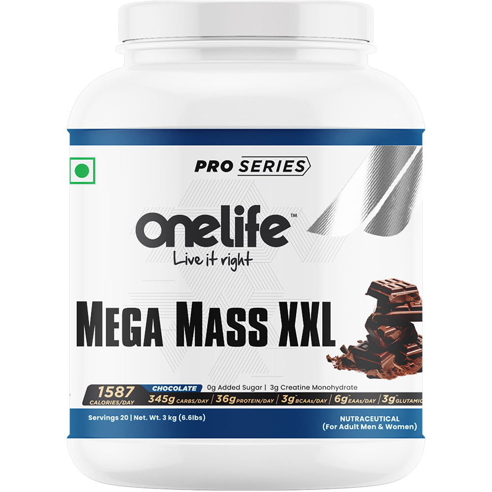 Onelife Mega Mass Gainer XXL | 1587 Calories/day, 345 Carbs/day, 36g/day Protein, Vitamins & Minerals I No Added Sugar, Powered with Digezyme I Chocolate Flavour 3kg