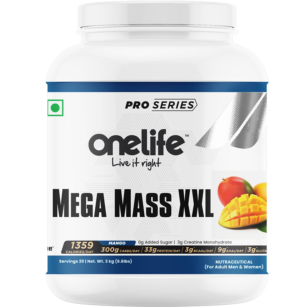 Onelife Mega Mass Gainer XXL | 1359 Calories/day, 300 Carbs/day, 33g/day Protein, Vitamins & Minerals I No Added Sugar, Powered With Digezyme I Mango Flavour 3kg