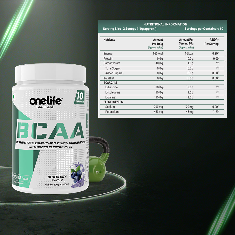 Onelife BCAA 6000 mg: Lean Muscle growth and recovery the right way! , Replenishes Electrolytes - Blueberry - 100gm (Free from banned substances, GMO and Gluten)