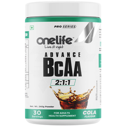 Onelife ADVANCE BCAA, 5g BCAAs 2:1:1 : Lean Muscle growth & recovery I Replenishes Electrolytes with Added Vitamin B6 - (Free from banned substances, GMO & Gluten) I Cola 240gm I 30Servings