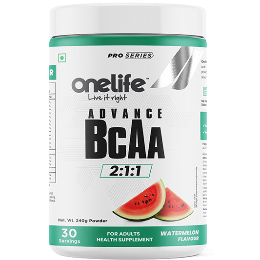 Onelife Advance BCAA Supplement 5g in 2:1:1 Ratio I For Lean Muscle Growth & Recovery, Pre/Post & Intra workout I Electrolytes with Added Vitamin B6 l Watermelon 240gm I 30 Servings