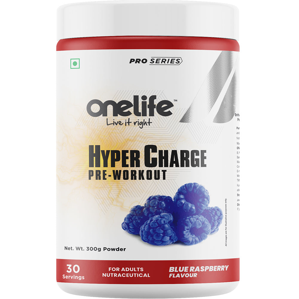 Onelife Hypercharge Pre Workout Supplement for Men & Women | Powered with Citrulline, Beta-Alanine, Taurine, Caffeine & Arginine for Performance & Endurance | Blue Raspberry 300g | 30 Servings