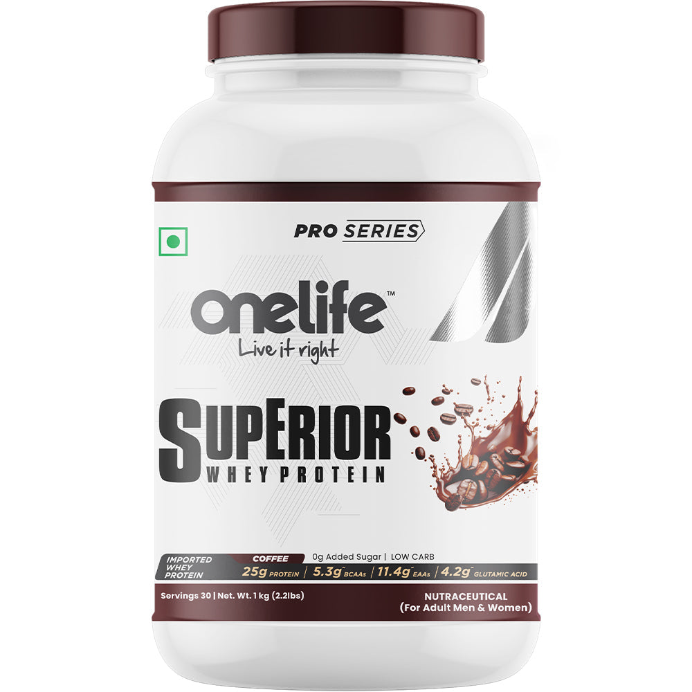 Onelife Superior Whey Protein Isolate + Concentrate With Digestive Enzymes & Immune Boosters | 25g Protein, 5.3g BCAA, 11.4g EAAs, 4.2g Glutamic Acid | Post-Workout Recovery Supplement | Coffee 1kg