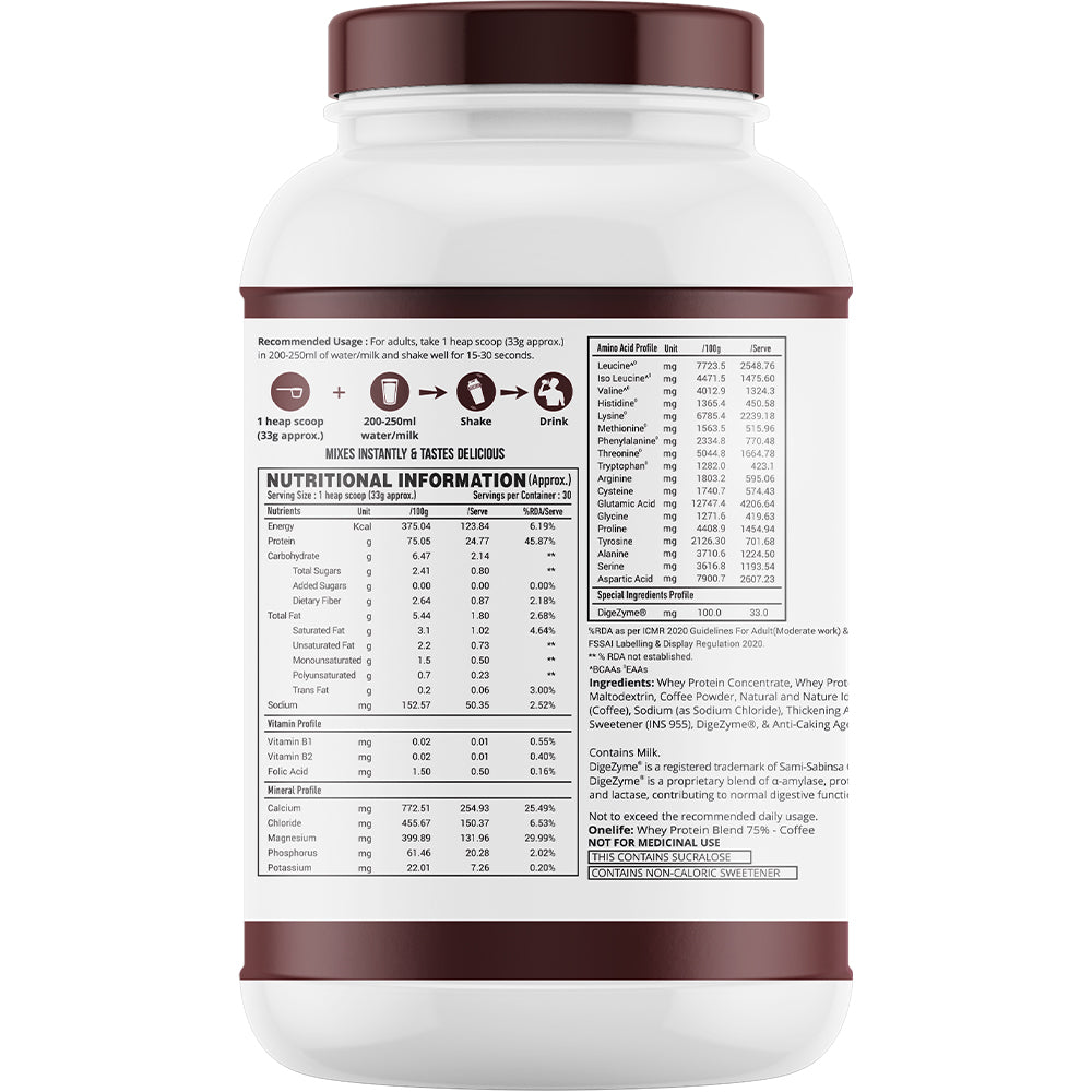 Onelife Superior Whey Protein Isolate + Concentrate With Digestive Enzymes & Immune Boosters | 25g Protein, 5.3g BCAA, 11.4g EAAs, 4.2g Glutamic Acid | Post-Workout Recovery Supplement | Coffee 1kg