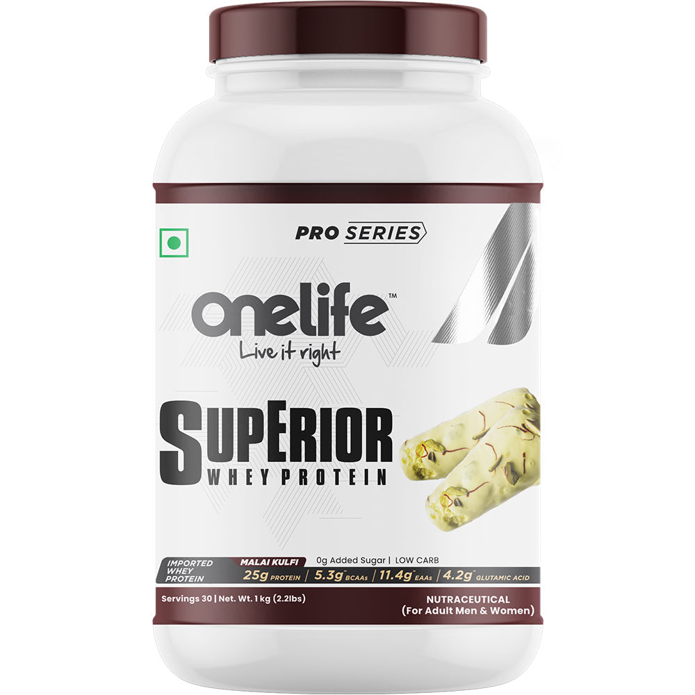 Onelife Superior Whey Protein Isolate + Concentrate With Digestive Enzymes & Immune Boosters | 25g Protein, 5.3g BCAA, 11.4g EAAs, 4.2g Glutamic Acid | Post-Workout Recovery Supplement | Malai Kulfi 1kg