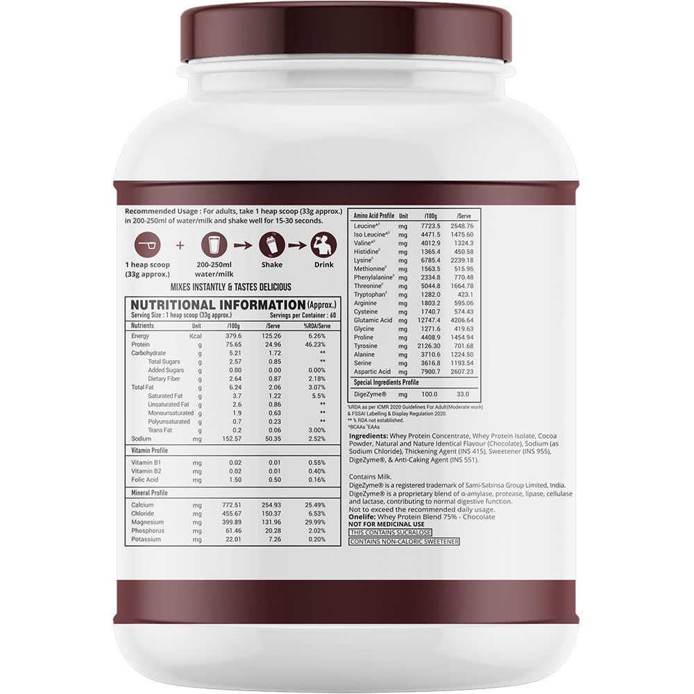 Onelife Superior Whey Protein Isolate + Concentrate With Digestive Enzymes & Immune Boosters | 25g protein, 5.3g BCAA, 11.4g EAAs, 4.2g Glutamic Acid | Post-Workout Recovery Supplement | Chocolate 2kg