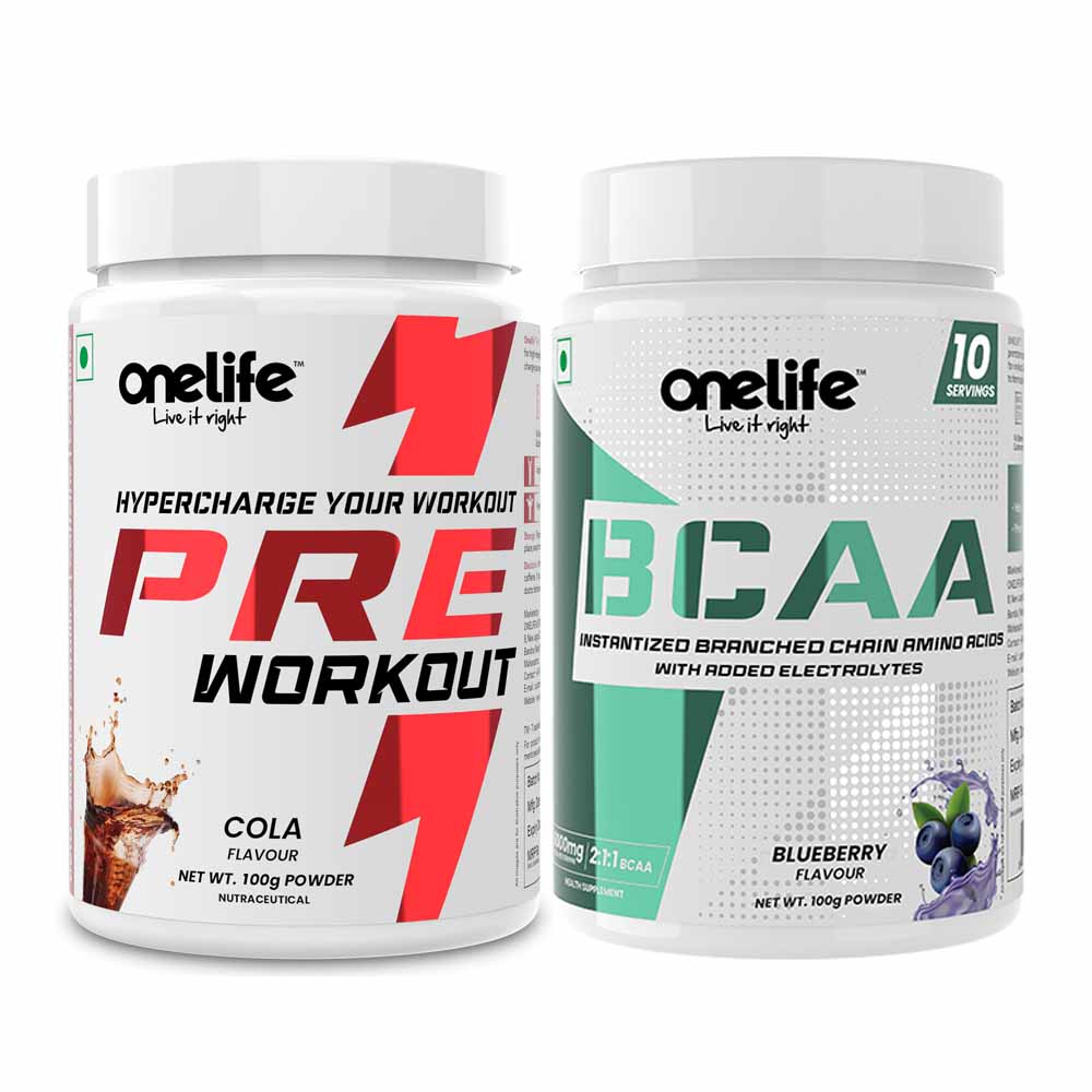 Perfect Gym Buddy Combo: Onelife Pre-workout | Powered with Beta-Alanine, Taurine & Caffeine Cola 100gm + Onelife BCAA 6000mg with ratio 2:1:1 , Blueberry 100gm