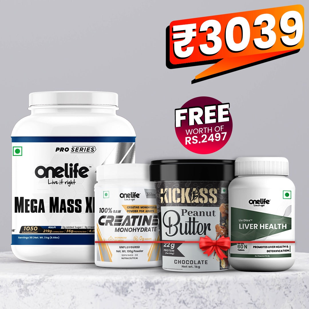 Workout Essential Kit 2: Buy Mega Mass Gainer XL and Get Creatine, Peanut Butter & Livdtox FREE!