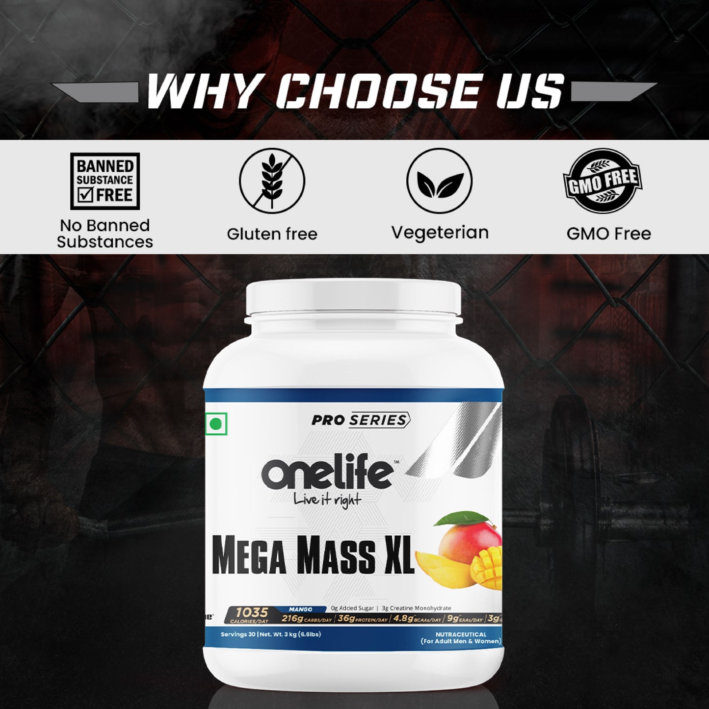 Onelife Mega Mass XL Gainer For Lean Mass & Muscle Gain Powered with DigeZyme® & added Creatine Monohydrate: Mango Flavour - 3kg