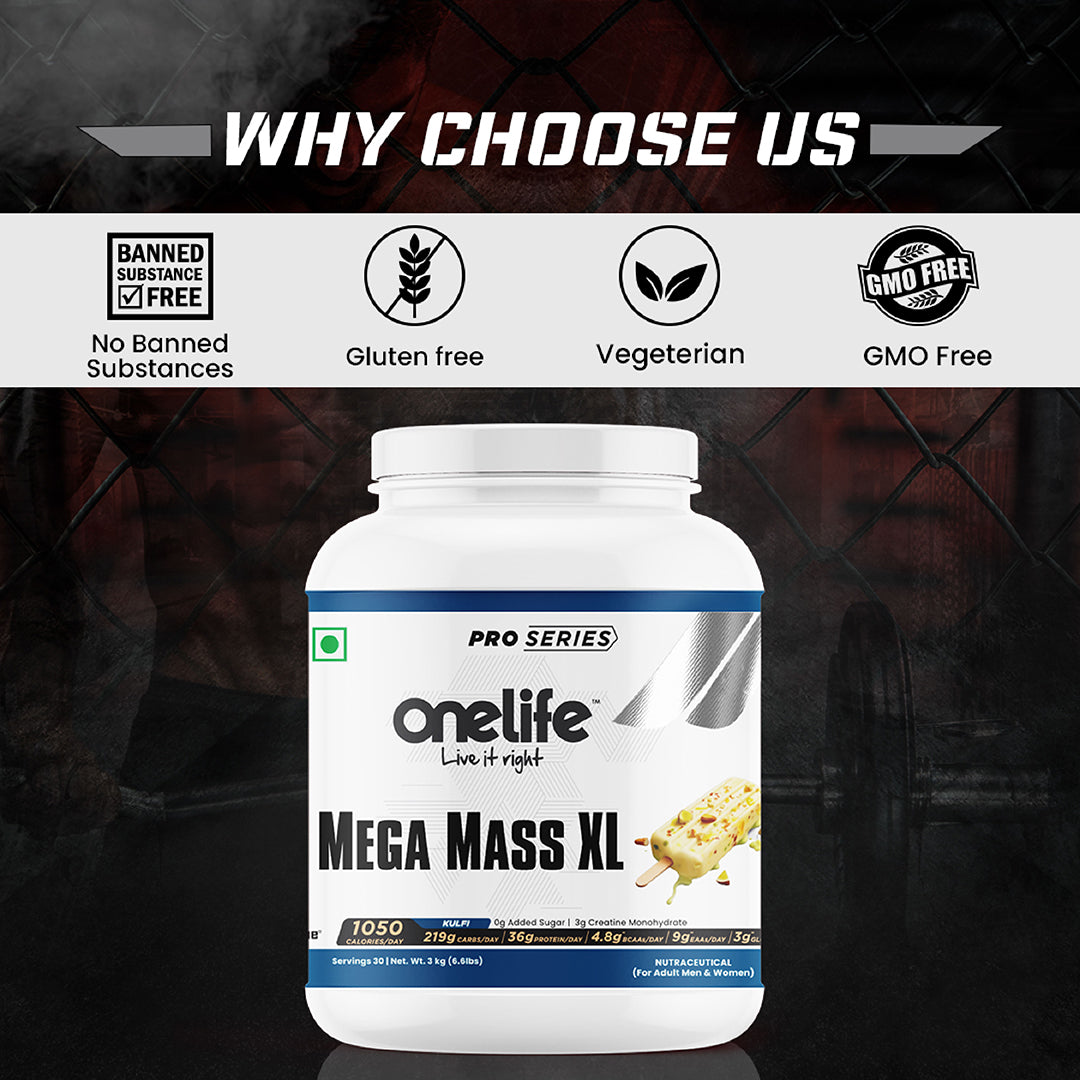 Onelife Mega Mass Gainer XL | 1050 Calories/day, 219 Carbs/day, 36g/day Protein, Vitamins & Minerals I For Lean Mass & Muscle Gain I No Added Sugar, Powered with Digezyme I Kulfi Flavour 3kg