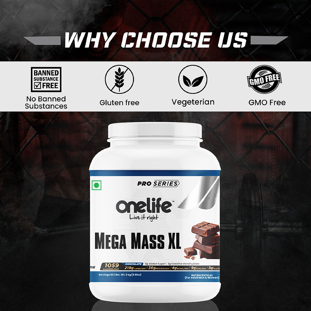 Onelife Mega Mass XL Gainer For Lean Mass & Muscle Gain Powered with DigeZyme® & added Creatine Monohydrate: Chocolate Flavour - 3kg