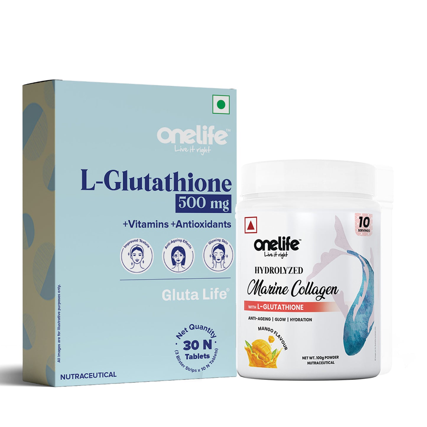Youthful Skin Combo:  L-Glutathione 500mg, 30 tablets + Hydrolyzed Marine Collagen Mango flavour, 100gm