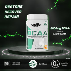 Onelife BCAA 6000 mg: Lean Muscle growth and recovery the right way! , Replenishes Electrolytes - Peach Ice Tea - 100gm (Free from banned substances, GMO and Gluten)