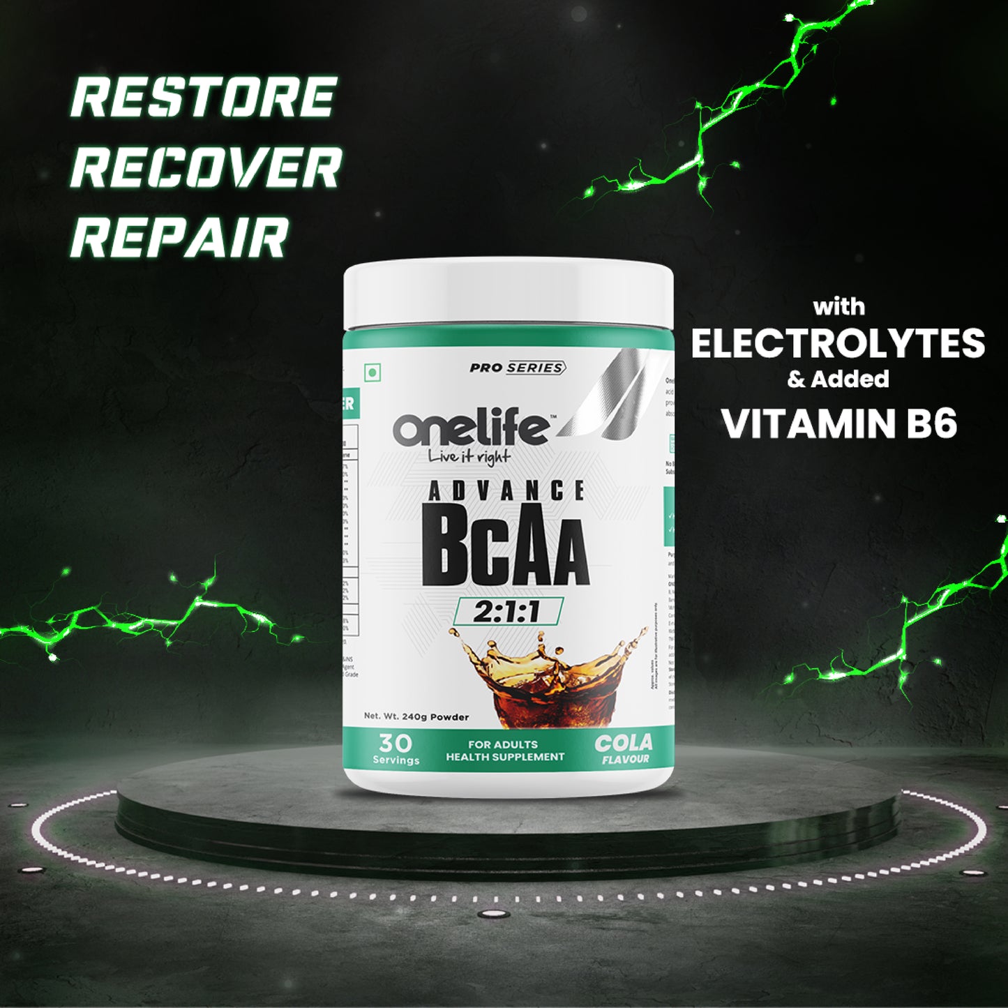 Onelife ADVANCE BCAA, 5g BCAAs 2:1:1 : Lean Muscle growth & recovery I Replenishes Electrolytes with Added Vitamin B6 - (Free from banned substances, GMO & Gluten) I Cola 240gm I 30Servings