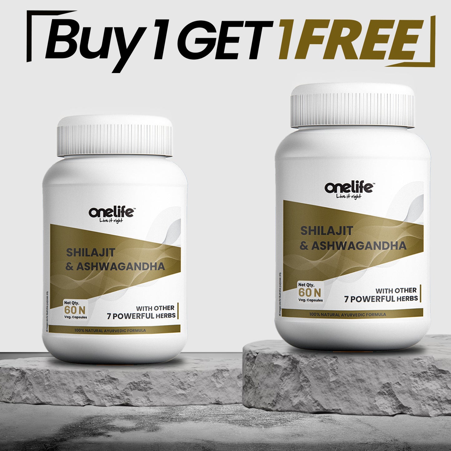Onelife Shilajit & Ashwagandha: Ayush-approved Formulation For Performance, Strength and Stamina, 60 Capsules - Buy 1 Get 1 FREE