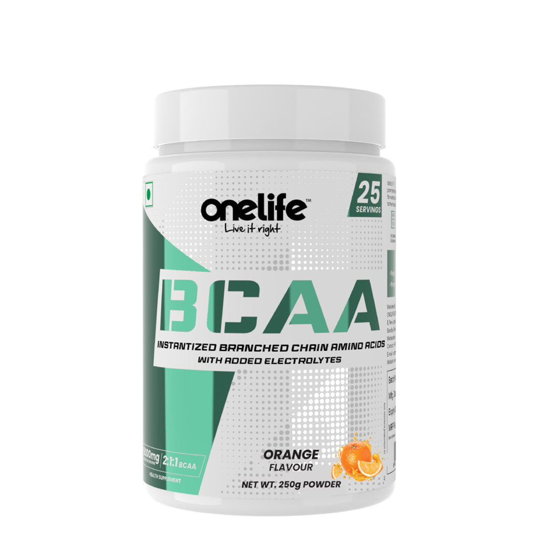 Onelife BCAA 6000 mg: Lean Muscle growth and recovery the right way! , Replenishes Electrolytes - Orange - 250gm (Free from banned substances, GMO and Gluten)