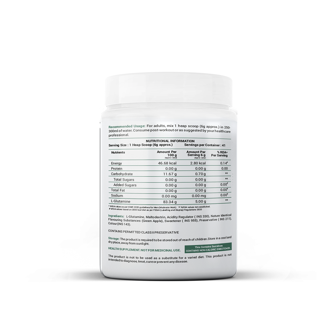 L-Glutamine Green Apple, 250g (Post Workout Recovery, 5000mg Glutamine Per Serving)